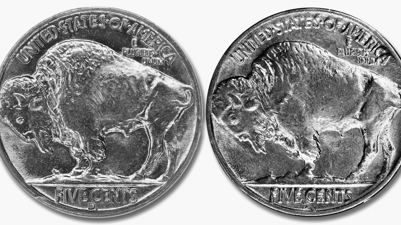 Side by side of the 1937-D Buffalo nickel with four legs and three legs.