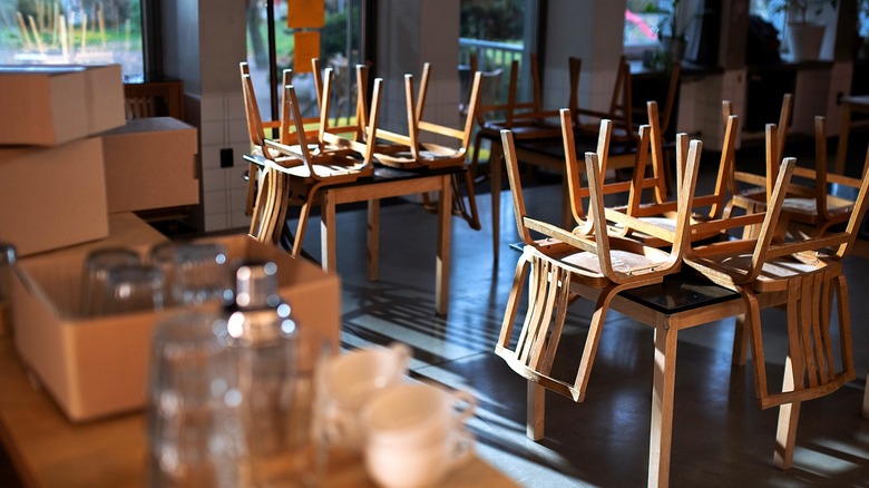 Empty restaurant, chairs on tables