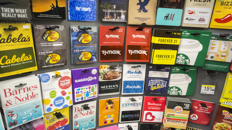 A selection of gift cards to various retailers.