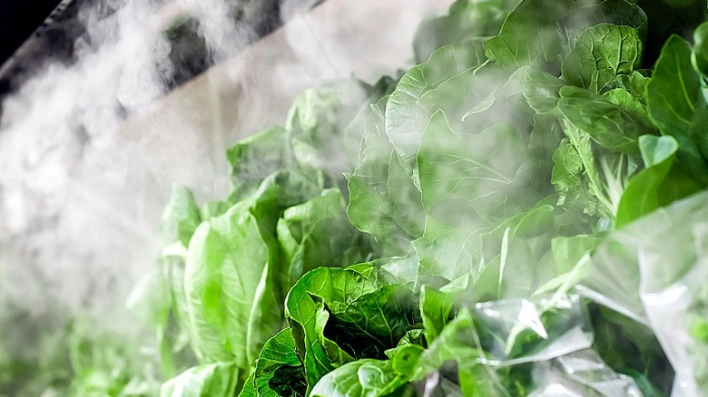 Grocery store misters adding water mist to greens