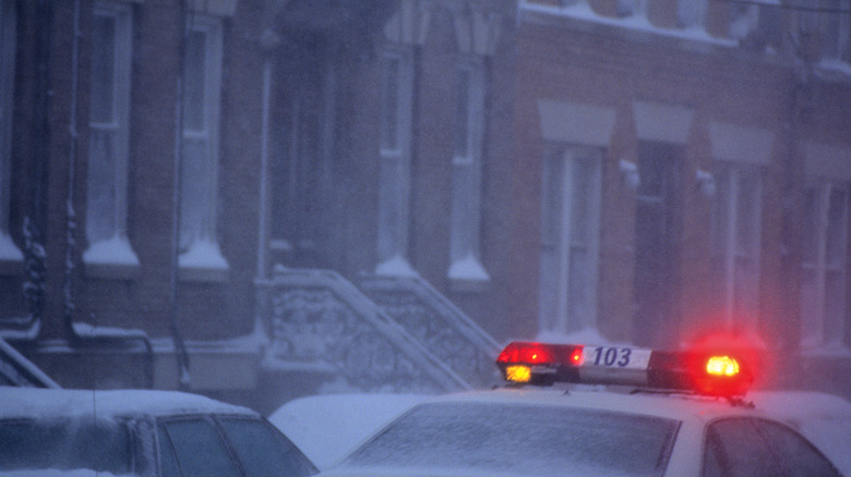 Cop car lights flash during snowfall