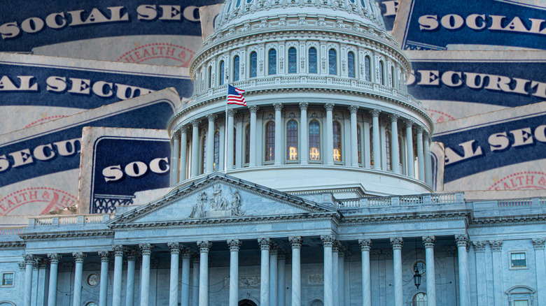 U.S. Capitol building overlaid on top of Social Security cards