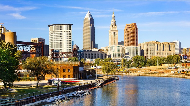 Aerial view of downtown Cleveland Ohio cityscape