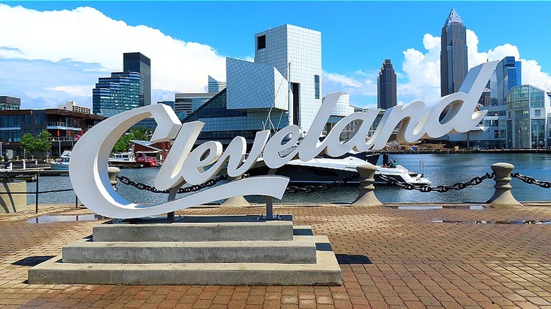 Outdoor Cleveland sign on the city's waterfront