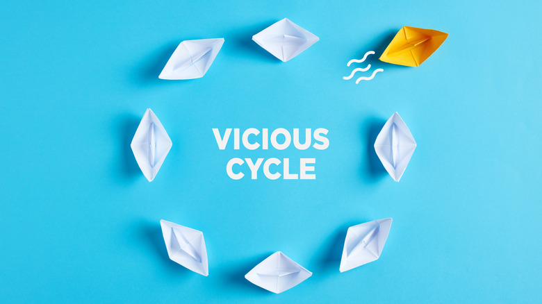 A circle of white paper sailboats in a circle on top of a blue background with one yellow paper sailboat leaving the circle and the words "Vicious Cycle" printed in the center of the circle.