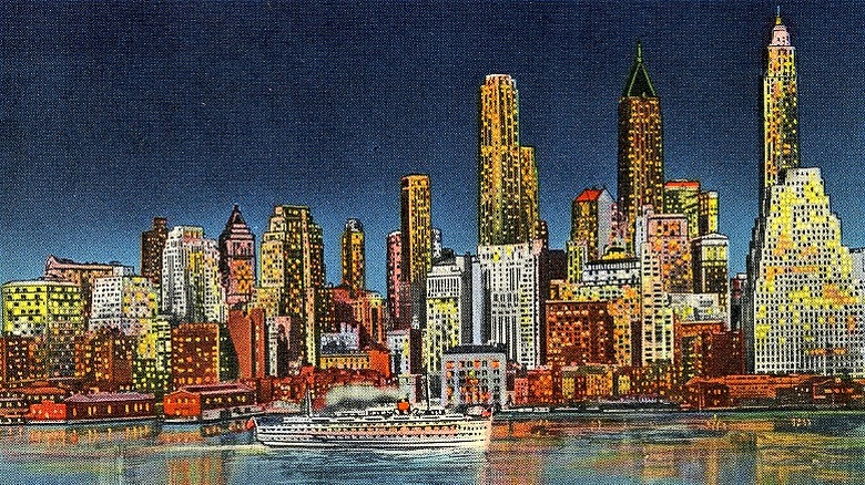 Postcard illustration of a waterfront city at night