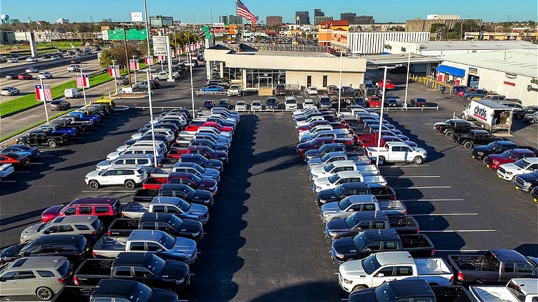 A car dealership's inventory lot