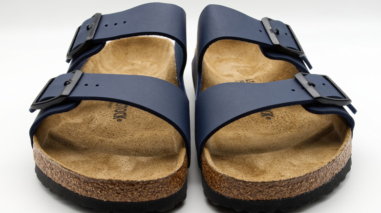 A pair of navy Birkenstock sandals