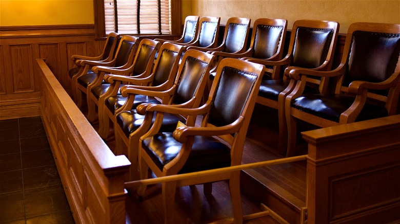 Empty jury box in courtroom